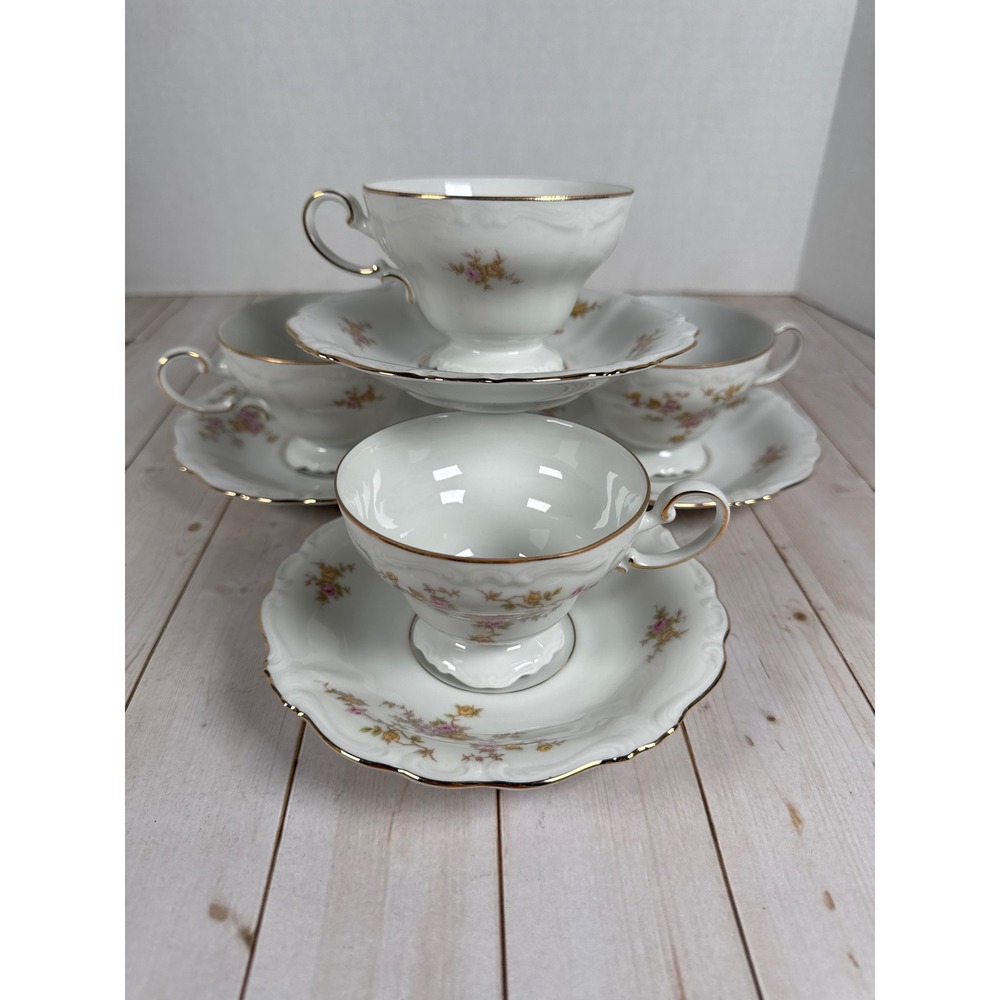 Johann Haviland Michele Footed Coffee Cups & Saucers‎ Set 4 Bavaria Germany